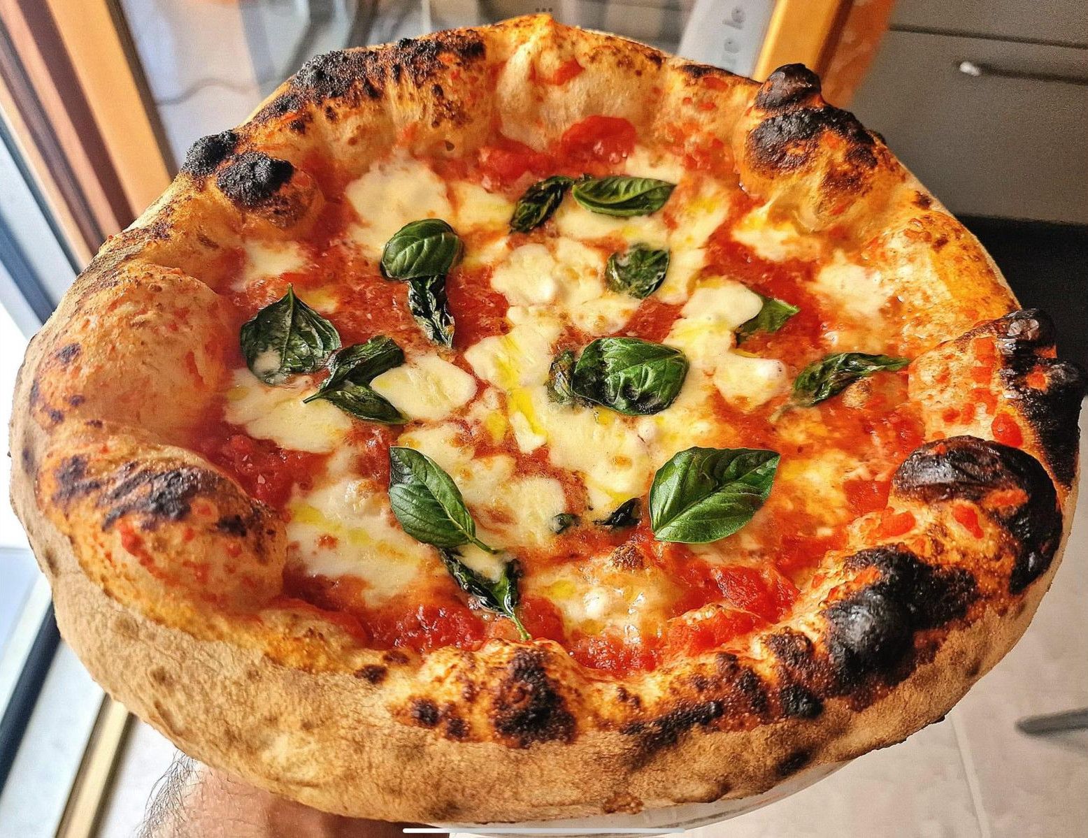 Wood-fired Margherita pizza with fresh mozzarella, basil and a charred crust